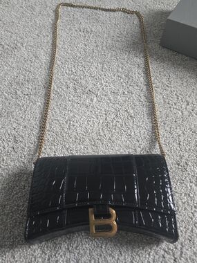 Gold-Chain Black Croc-Embossed Shoulder Bag